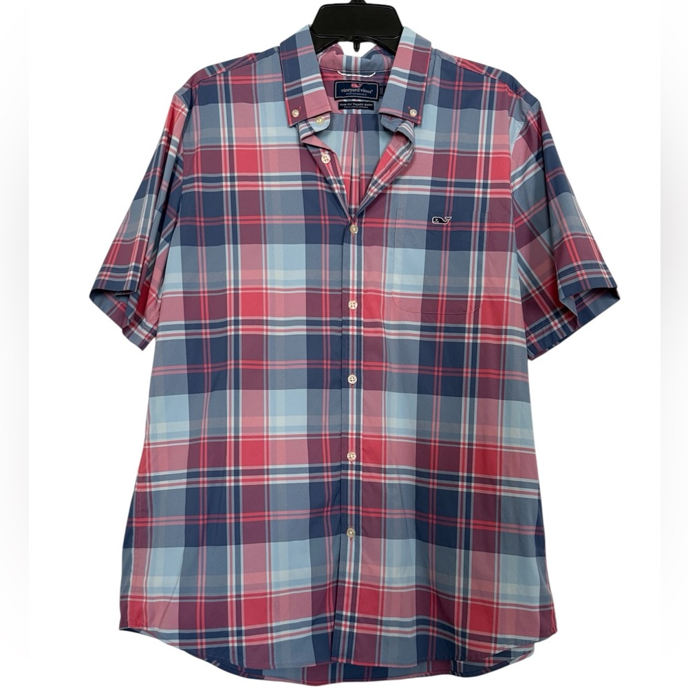 Vineyard Vines Men’s Slim Fit Tucker Shirt in Pink & Blue Plaid
Size Large